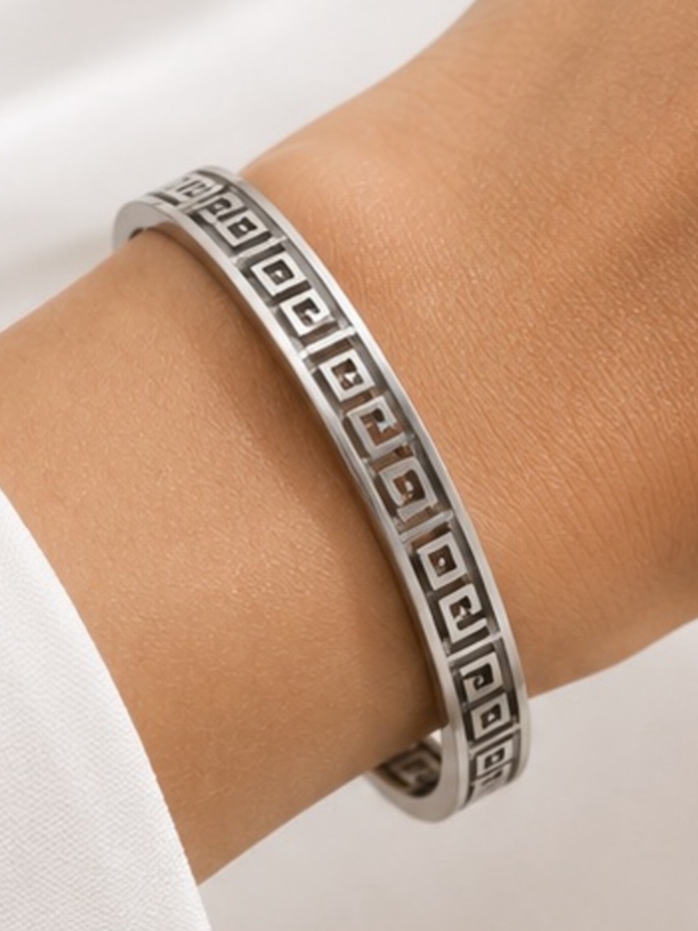 STAX Silver Greek Key Hinged Bangle
Minimalist Stainless Steel